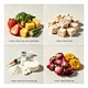 Four-grid infographic showing freeze-dried applications: fruits and vegetables, meat cubes, pharmaceutical vials with powder, and dried flower tea petals.
